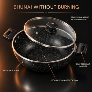 Tawaana karahi features: glass lid with steam vent, deep 26cm body
