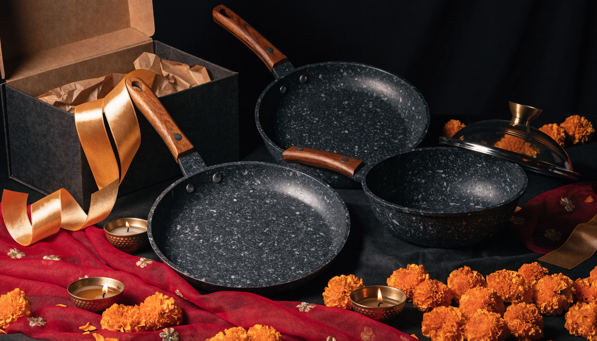 Granite non-stick cookware set with gift box and red dupatta for jahez