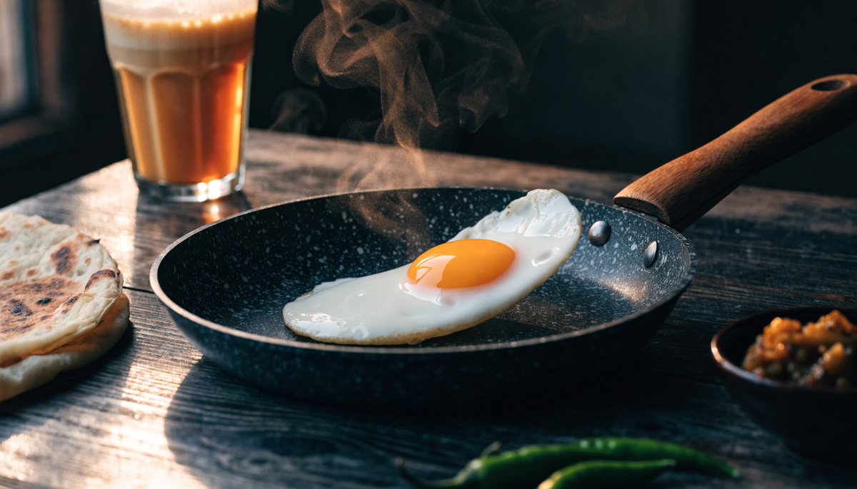Fried egg sliding off a non-stick fry pan with paratha and chai