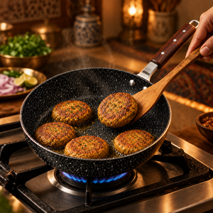 Shami kebabs frying in Tawaana non-stick fry pan