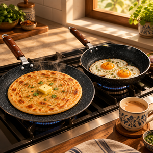 Paratha and eggs cooking on Tawaana tawa and fry pan