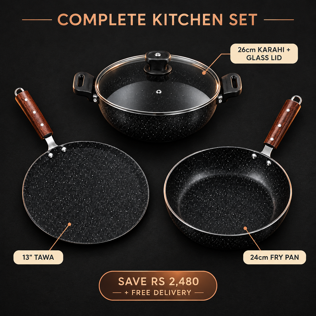 Tawaana Complete Kitchen Set includes tawa, fry pan and karahi with glass lid