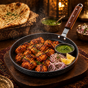Chicken tikka served on Tawaana non-stick hot plate