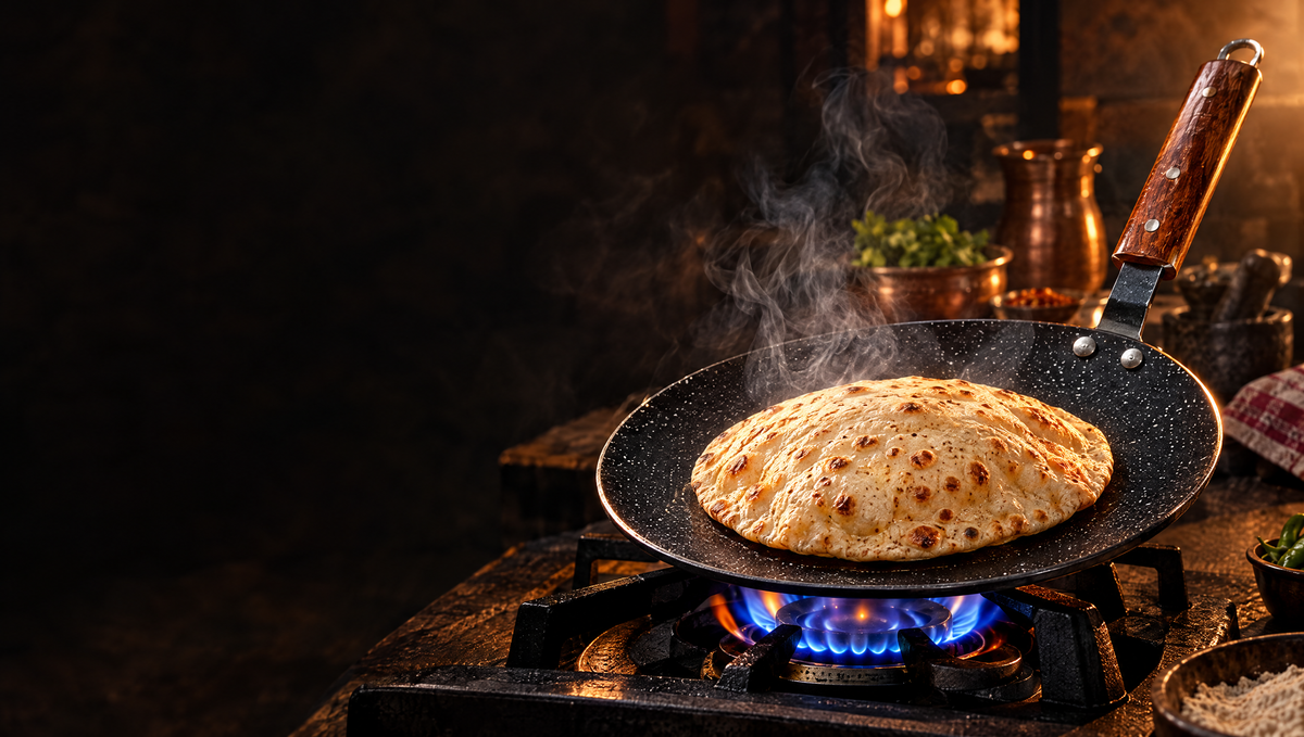 Roti puffing on Tawaana tawa over flame